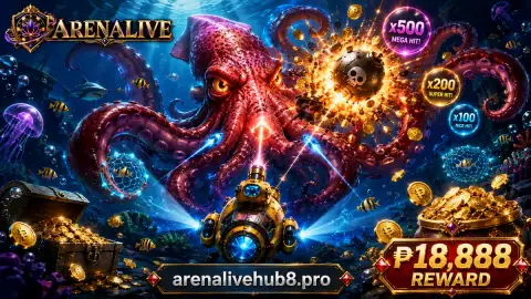 ARENALIVE fishing reef scene featuring the creature cast in violet water with warm gold highlights