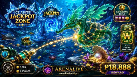 ARENALIVE fishing scene with circular halo light, dark reef silhouettes and warm underwater highlights