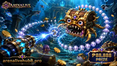 ARENALIVE fishing deep-water passage with trench creatures, manta movement and gold-lit koi direction