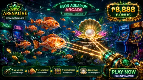 Final ARENALIVE fishing reef scene with koi following warm gold light through deep violet water