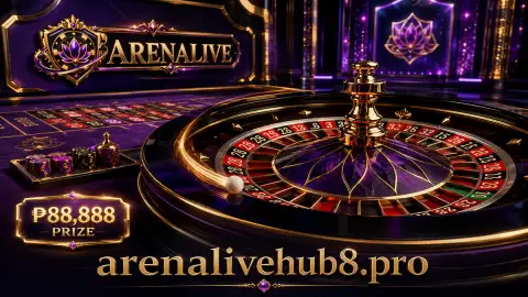 ARENALIVE live casino studio with polished table objects, violet lighting and warm gold details