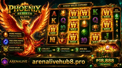 Phoenix-lit final ARENALIVE slot frame with violet arena light and polished gold details