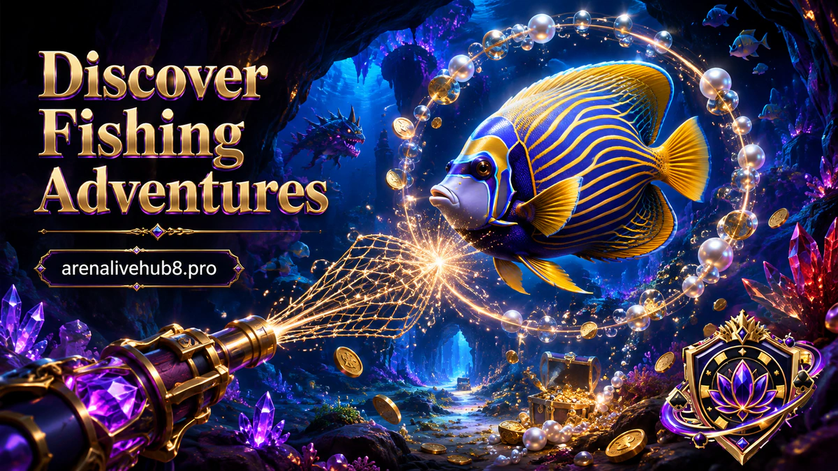 ARENALIVE Fishing Game reef scene with a giant shark silhouette entering from dark violet water while smaller fish turn away