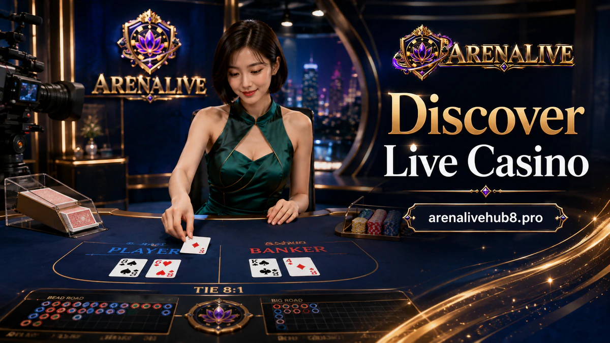 ARENALIVE live Casino App roulette studio with an elegant host beside a polished gold wheel, violet velvet and crystal chips