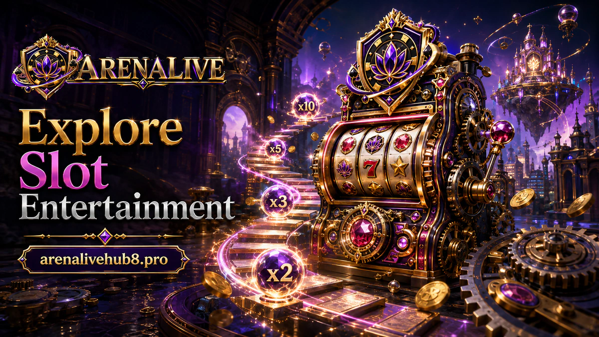 ARENALIVE Slot Game reels with amethyst symbols, polished gold edges and lotus light beginning to form around the dark frame